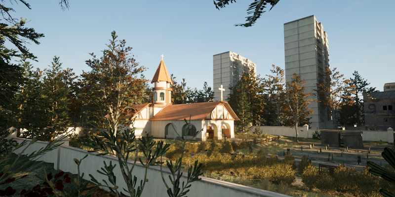 A big combat mech and some soldiers moving through rubble