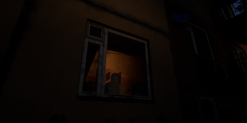 The main character standing in a barren land with a city scape in the distance