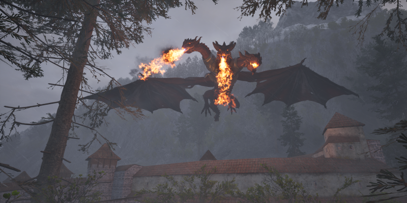 A gameplay screenshot, a warrior fighting a dragon